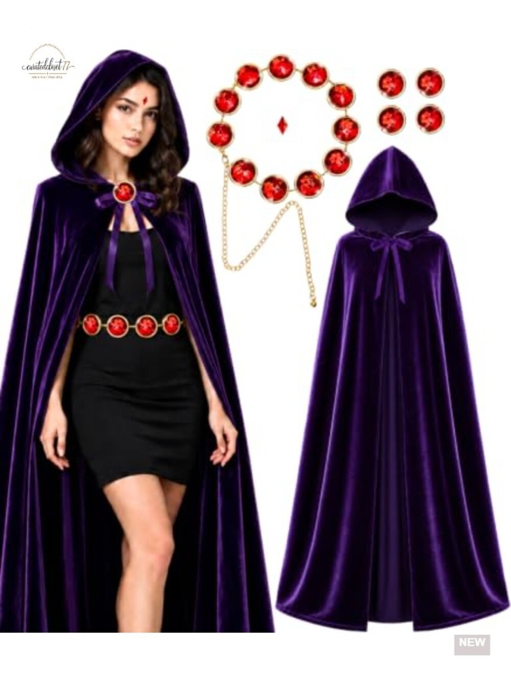 Purple Hooded Cape Costume Set for Women with Gem Belt Halloween Cosplay
